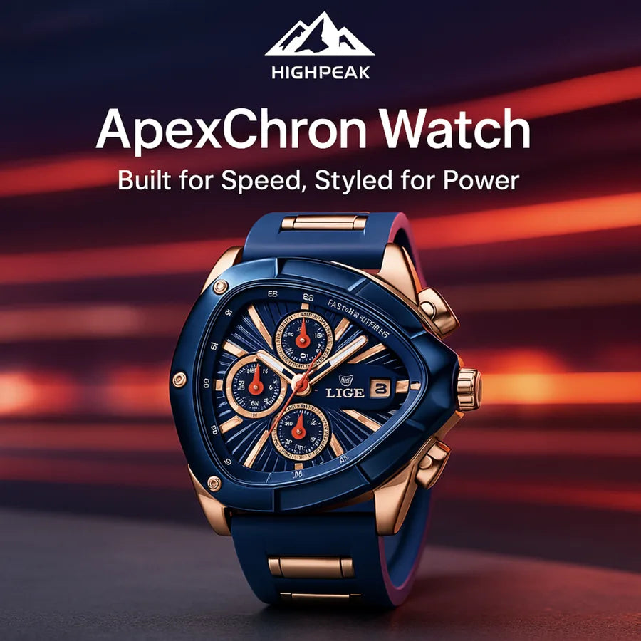 HighPeak ApexChron™ Triangular Sports Watch in blue and rose gold with chronograph and multi-dial features on dark background