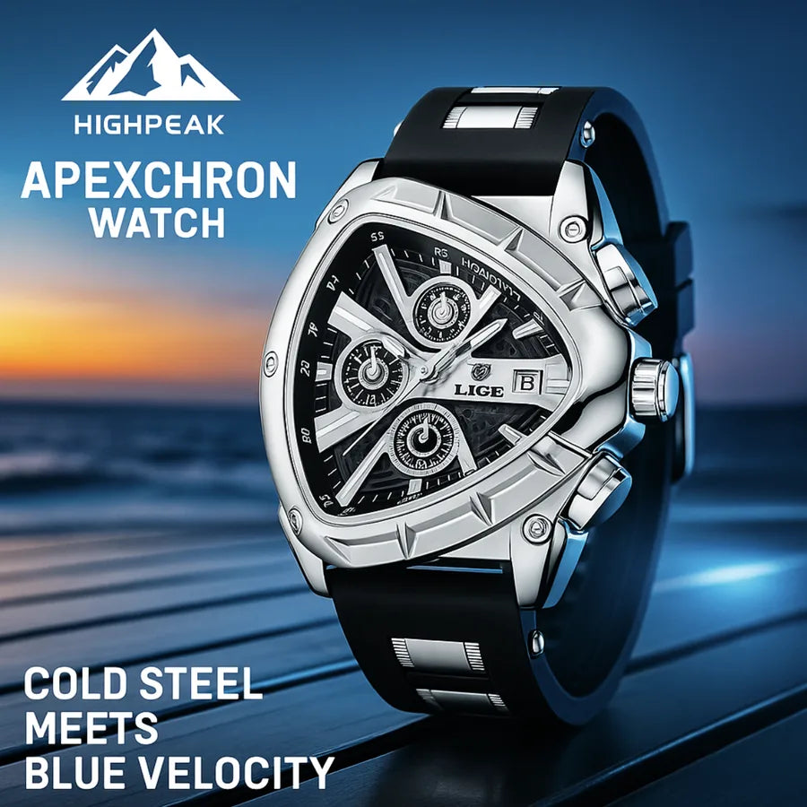 HighPeak ApexChron™ - Triangular sports watch with black dial, steel body, and chronograph on a blue background