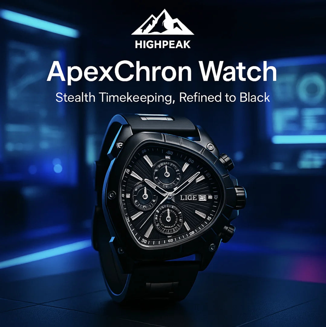 HighPeak ApexChron™ Triangular Sports Watch in black with chronograph dials, steel body, and sporty luxury finish.