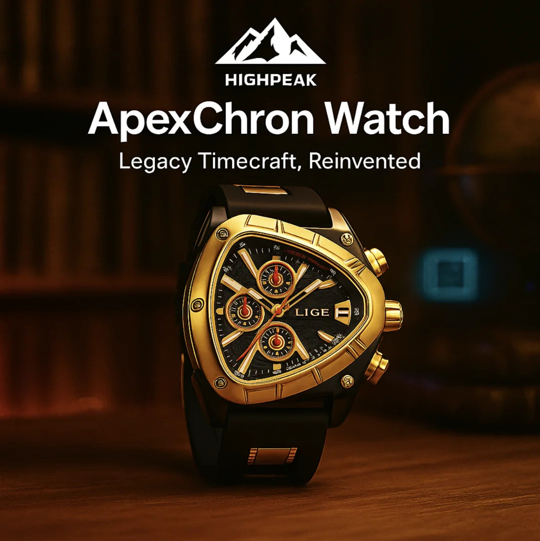 HighPeak ApexChron™ Triangular Sports Watch in gold with black strap and chronograph dials on wooden surface