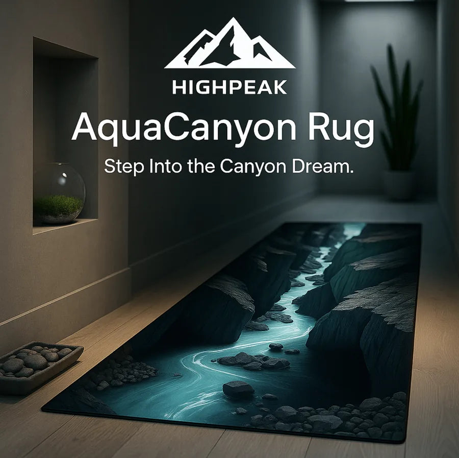 HighPeak AquaCanyon™ 3D Nature Runner Rug in blue with canyon riverbed design in a dim hallway setting