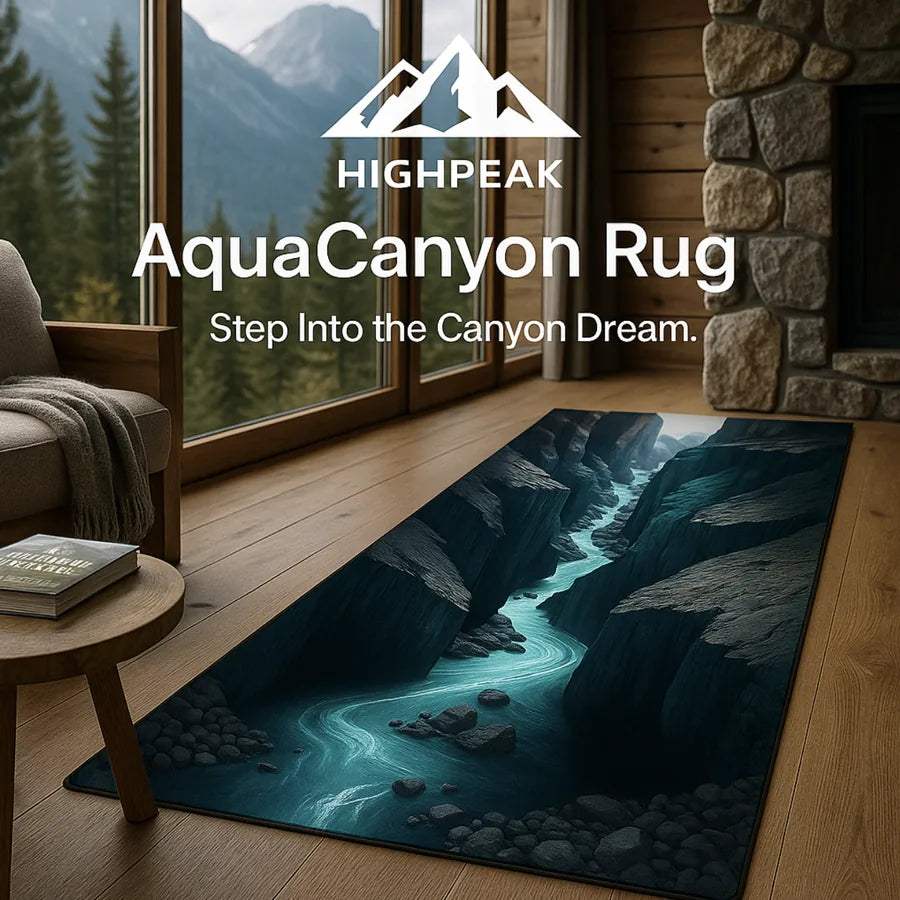 HighPeak AquaCanyon™ 3D Nature Runner Rug with canyon riverbed design in cozy wood-floored room near large windows