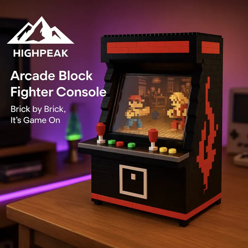 HighPeak Arcade Block Fighter Console in black and red with pixelated fighters on desk gaming decor