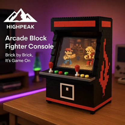 HighPeak Arcade Block Fighter Console in black and red with pixelated fighters on desk gaming decor