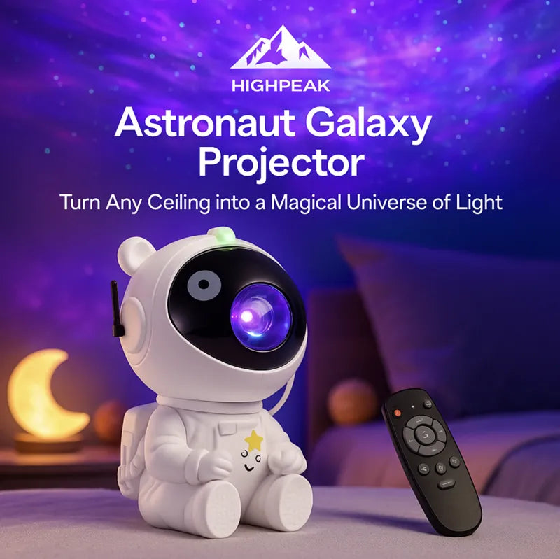 HighPeak Astronaut Galaxy Projector in white displays colorful nebula lights on ceiling with remote in cozy bedroom setting