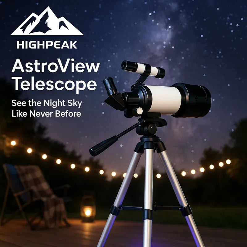 HighPeak AstroView Telescope in black and white on tripod at night with starry sky in the background for stargazing.