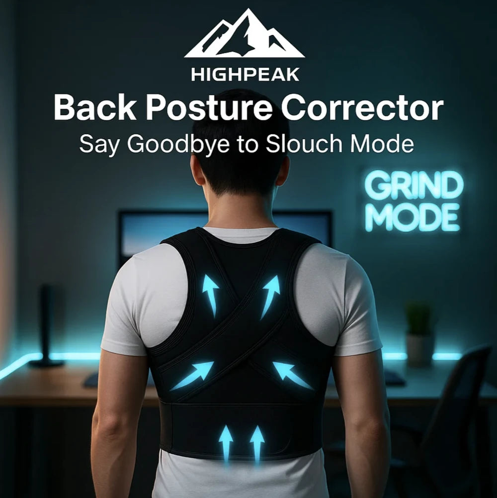 HighPeak Back Posture Corrector worn by man in home office with blue arrows showing posture support and correction