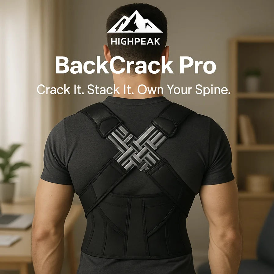HighPeak BackCrack Pro black posture brace worn by man indoors, showing adjustable support straps and spinal alignment.