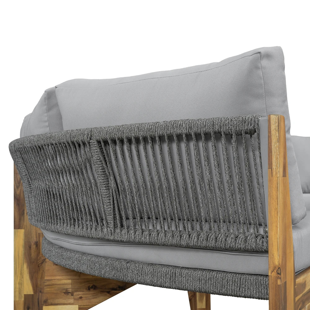HighPeak U-Shaped Outdoor Sofa Set close-up of weather-resistant gray cushions and natural acacia wood frame detail