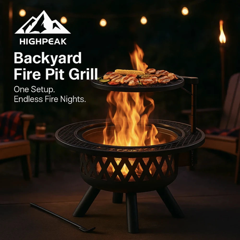 HighPeak Backyard Fire Pit Grill with swivel cooking grate and safety mesh glowing in a cozy backyard setting