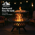 HighPeak Backyard Fire Pit Grill with swivel cooking grate and safety mesh glowing in a cozy backyard setting