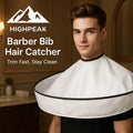 HighPeak Barber Bib Hair Catcher Cape in white worn by man indoors, showing wraparound non-stick hair catcher design