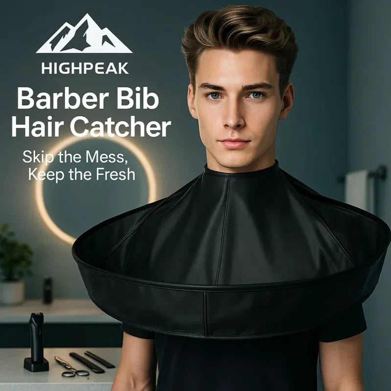 HighPeak Barber Bib Hair Catcher Cape in black worn by man, designed to catch hair and skip mess during haircutting.