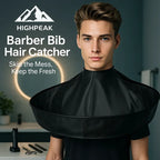 HighPeak Barber Bib Hair Catcher Cape in black worn by man, designed to catch hair and skip mess during haircutting.