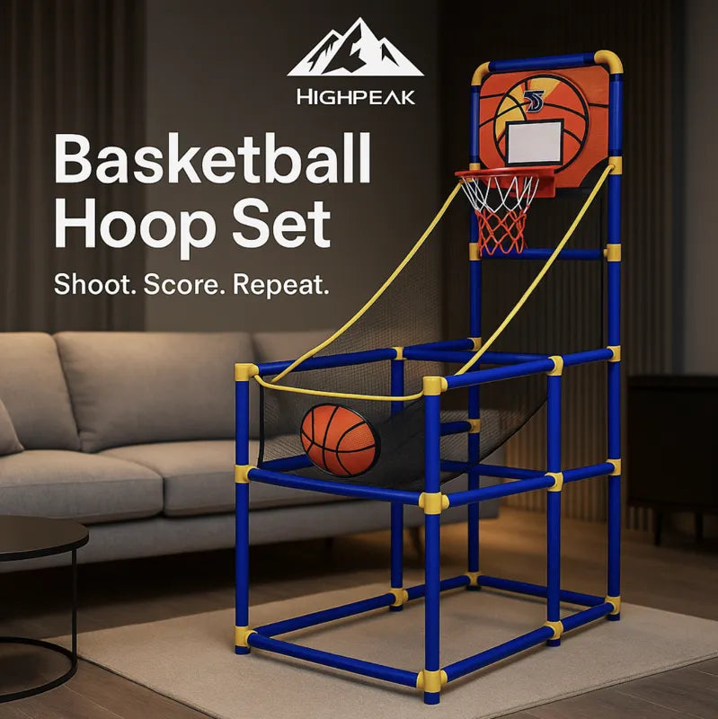 HighPeak Basketball Hoop Set in blue and yellow frame with orange backboard, displayed indoors next to a gray couch