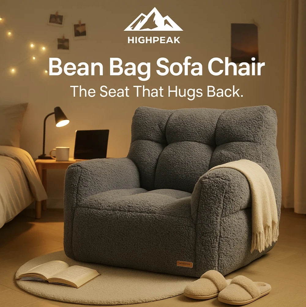 HighPeak Bean Bag Sofa Chair in gray sherpa upholstery with ergonomic tufted memory foam in cozy bedroom setting