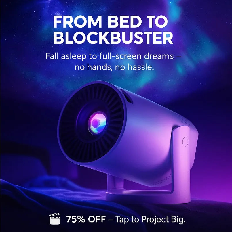 HighPeak INFINITY MiniProjector 2025 in white projecting vibrant colors in a dark room for hands-free viewing