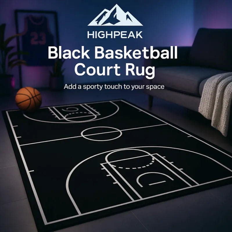HighPeak Black Basketball Court Rug in black with white court lines in a modern living room setting