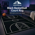 HighPeak Black Basketball Court Rug in black with white court lines in a modern living room setting