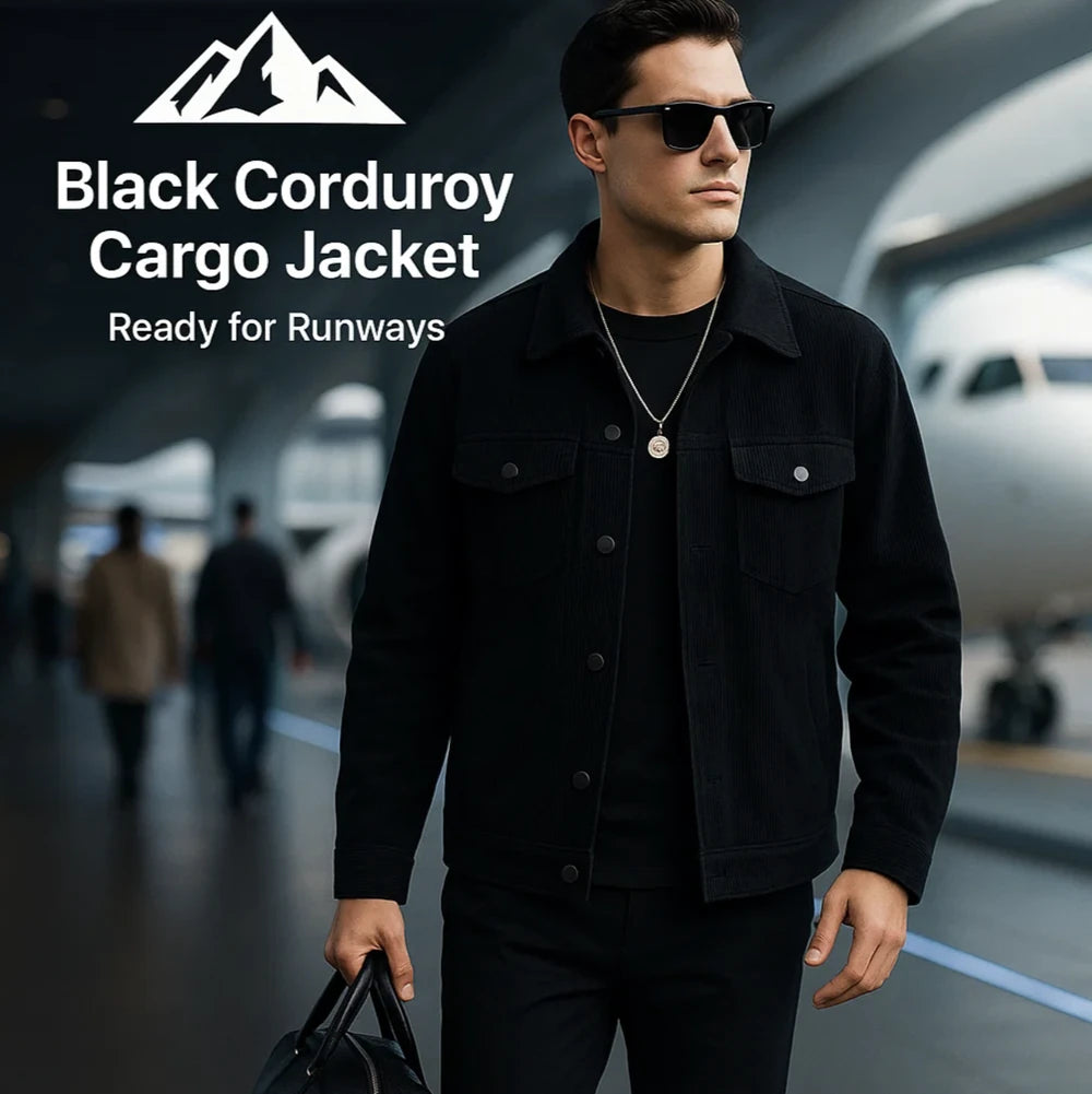 HighPeak Men's Corduroy Cargo Jacket in black worn at airport runway with pockets and button-up front style