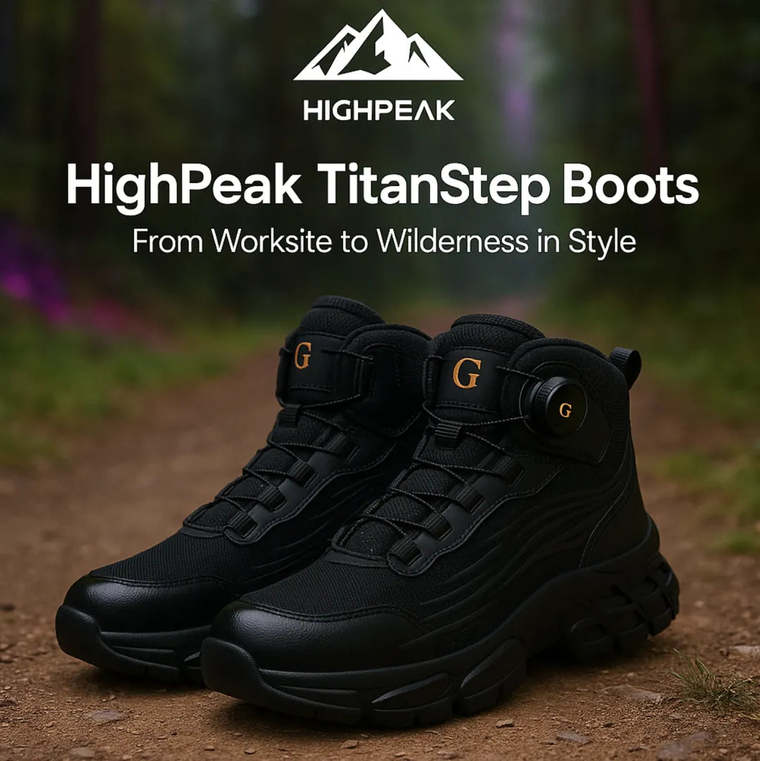 HighPeak TitanStep Boots in black with no-lace twist lock and breathable mesh, perfect for worksite and wilderness use