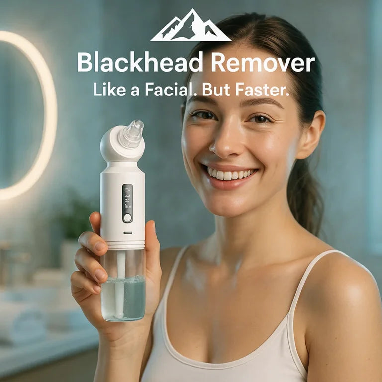 HighPeak Blackhead Remover held by smiling woman in bathroom, white device with clear suction head and water chamber visible