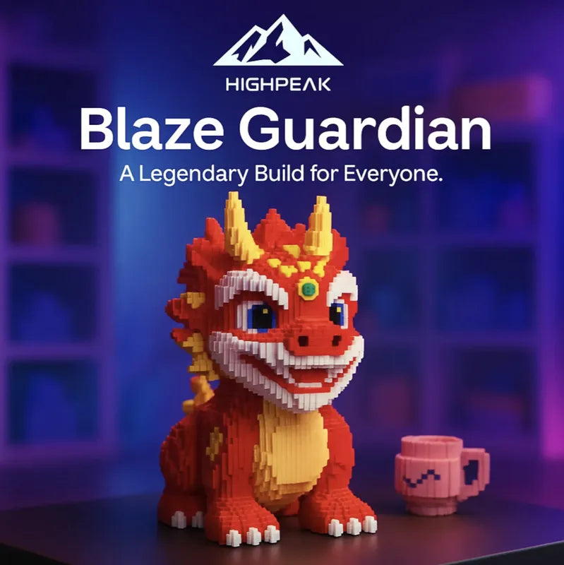 HighPeak Blaze Guardian dragon build in red and yellow bricks displayed with a pink mug on a dark table