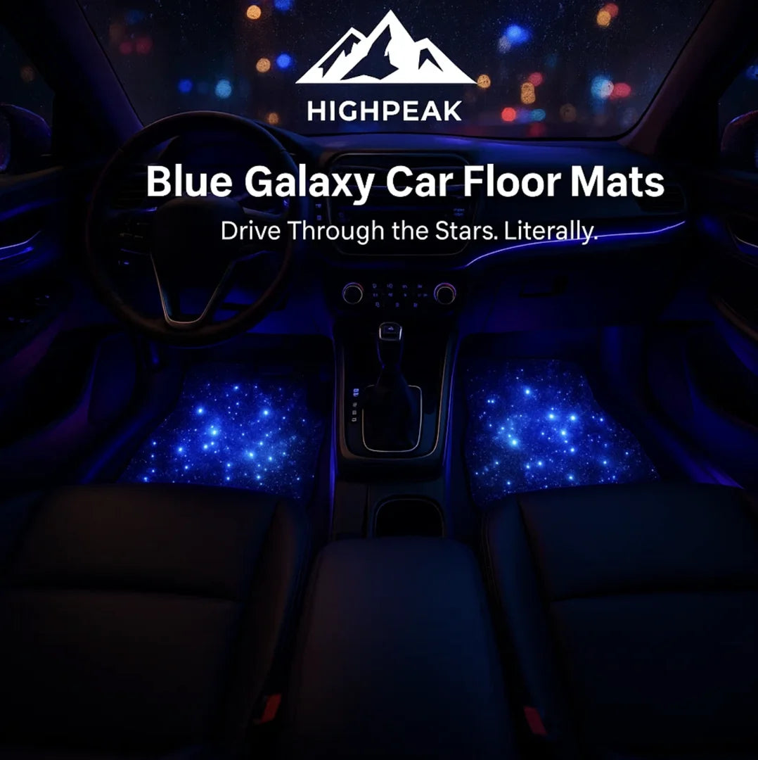 HighPeak 4PCS Blue Galaxy Car Floor Mats glowing in a car interior at night with cosmic blue star design