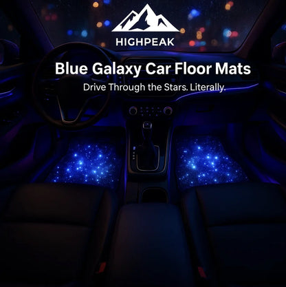HighPeak 4PCS Blue Galaxy Car Floor Mats glowing in a car interior at night with cosmic blue star design