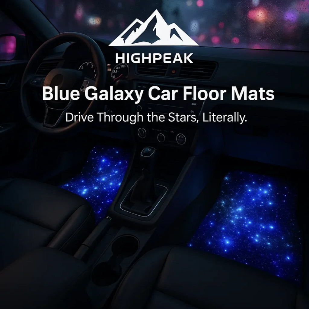 HighPeak 4PCS Blue Galaxy Car Floor Mats glowing in a car interior with cosmic blue star design at night