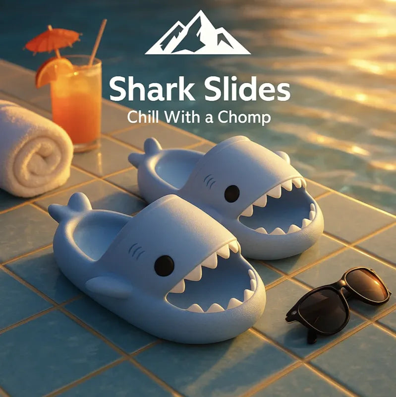 HighPeak Shark Slides in light blue with shark bite design by poolside next to sunglasses and a tropical drink