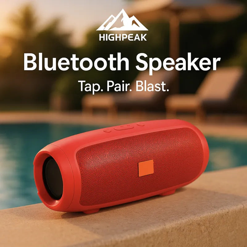HighPeak Bluetooth Speaker in red by poolside with splash-resistant design and one-tap Bluetooth pairing visible