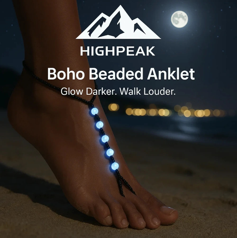 HighPeak Boho Beaded Anklet glowing blue on ankle at night beach with moon and bokeh lights background