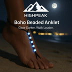 HighPeak Boho Beaded Anklet glowing blue beads on ankle at night beach under moonlight with sand background