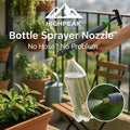 HighPeak Bottle Sprayer Nozzle attached to a clear soda bottle spraying plants on a balcony garden with adjustable spray nozzle.