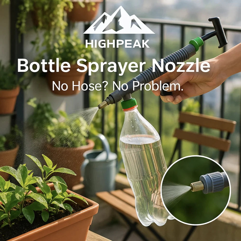 HighPeak Bottle Sprayer Nozzle attached to a clear soda bottle spraying plants on a balcony garden with adjustable spray nozzle.