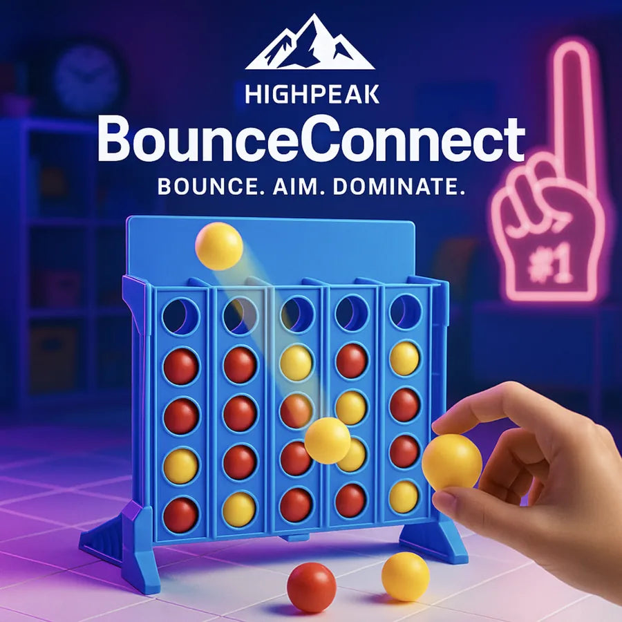 HighPeak BounceConnect game with blue frame and red and yellow balls in fast-paced bounce-off battle setting
