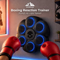 Highpeak Boxing Reaction Trainer mounted on a gray wall, featuring six circular black panels with glowing blue LED rings around the edges. Two red boxing gloves are shown in the foreground, and the text 'HIGHPEAK Boxing Reaction Trainer' is displayed at the top.