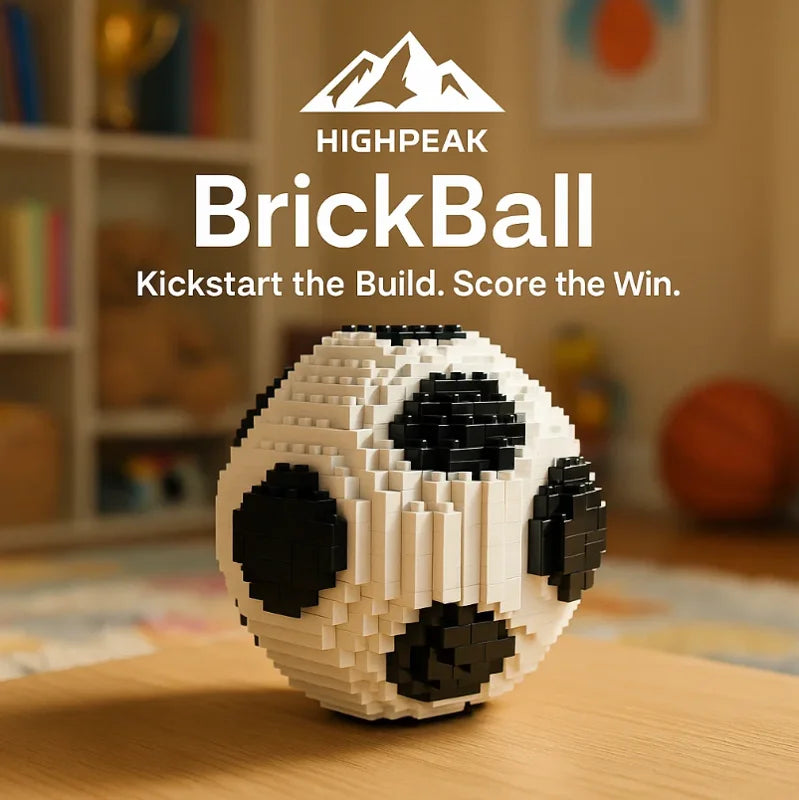 HighPeak StadiumMaster™ Building Block Set mini stadium model on table showcasing detailed architecture and football pitch design