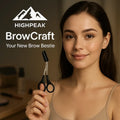 HighPeak BrowCraft™ eyebrow trimming scissors held by woman with natural brows, featuring built-in comb for precise shaping.