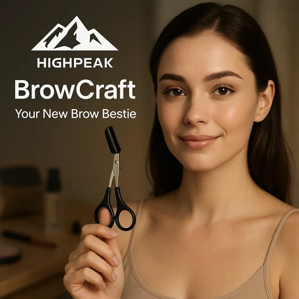HighPeak BrowCraft™ eyebrow trimming scissors held by woman with natural brows, featuring built-in comb for precise shaping.