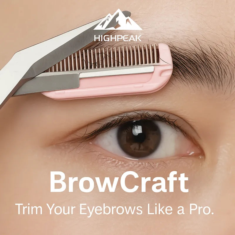 HighPeak BrowCraft™ eyebrow trimming scissors with built-in comb trimming natural brown eyebrows close-up