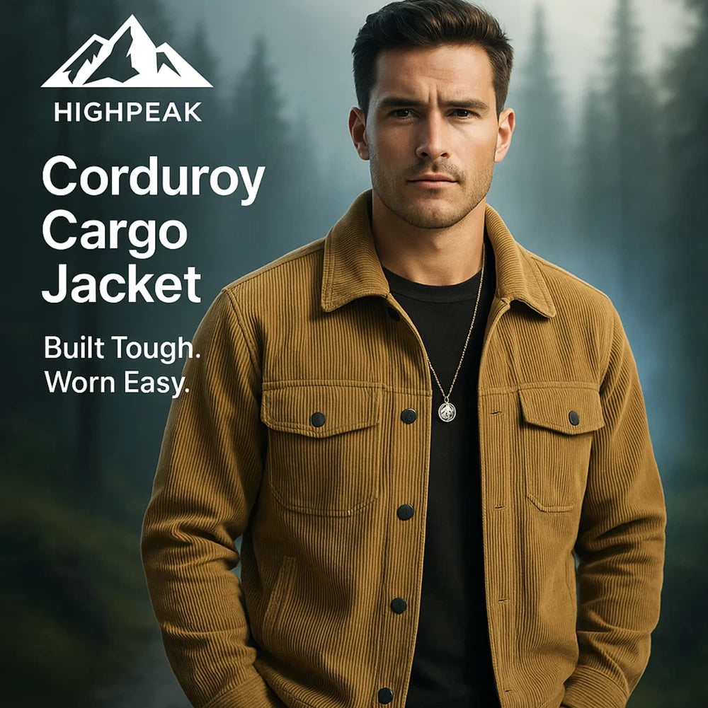 HighPeak Men's Corduroy Cargo Jacket in brown with flap pockets worn by man outdoors, rugged and structured style
