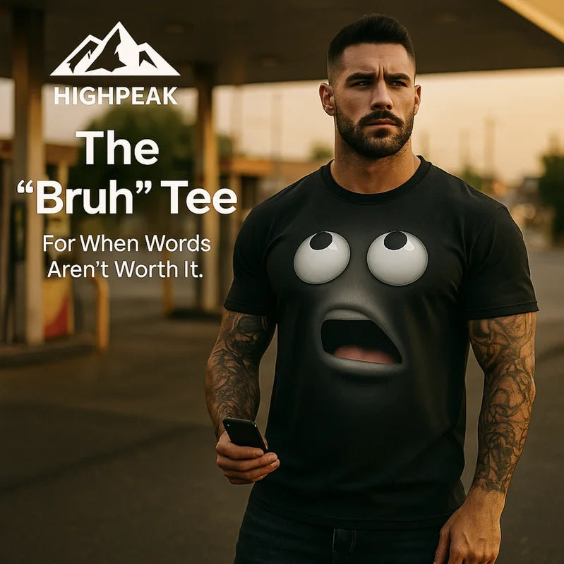 HighPeak The "Bruh" Tee in black with expressive face print worn by tattooed man outdoors for casual wear