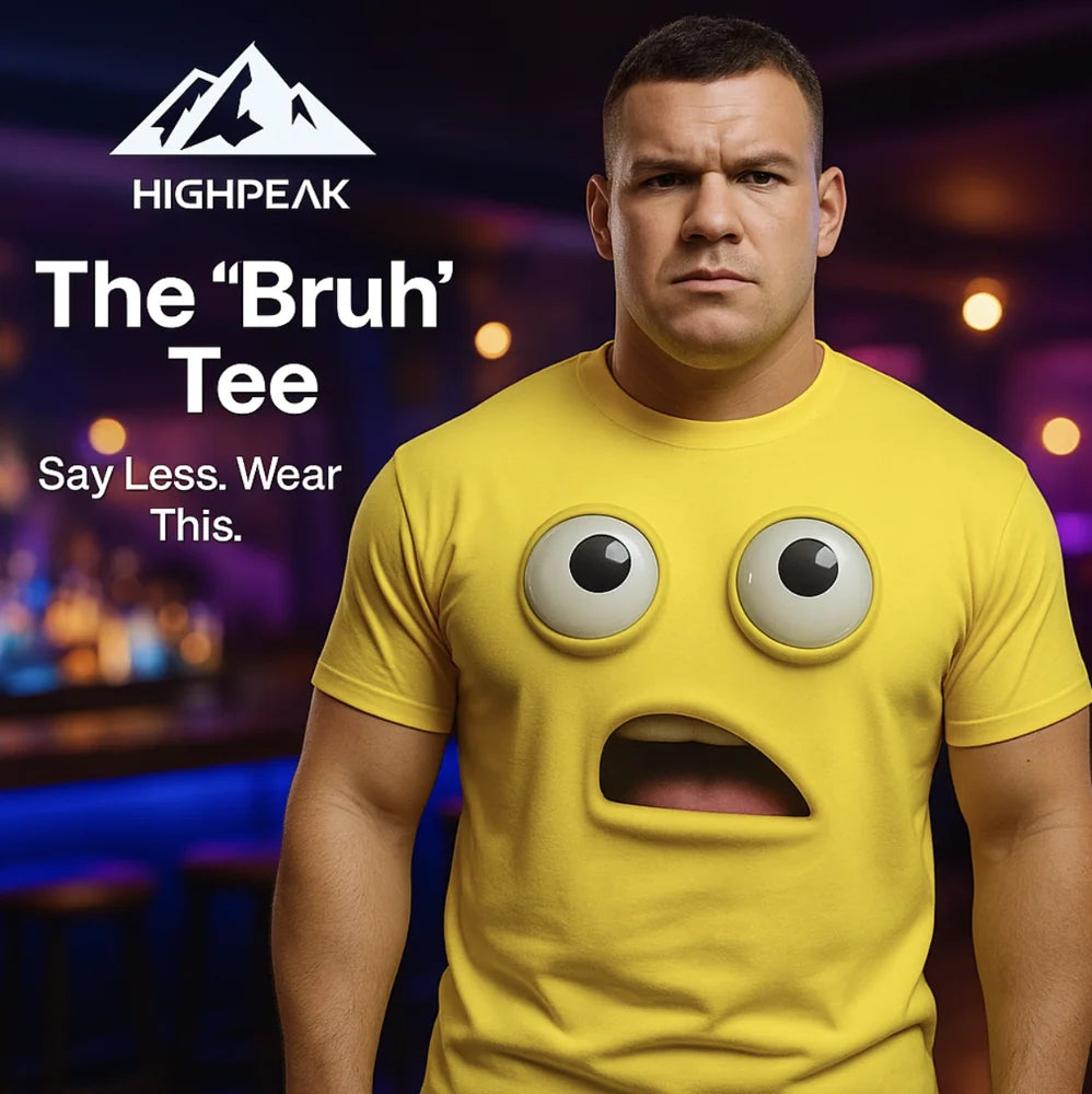 HighPeak The "Bruh" Tee in yellow with 3D expressive face print worn by man in dimly lit bar setting.