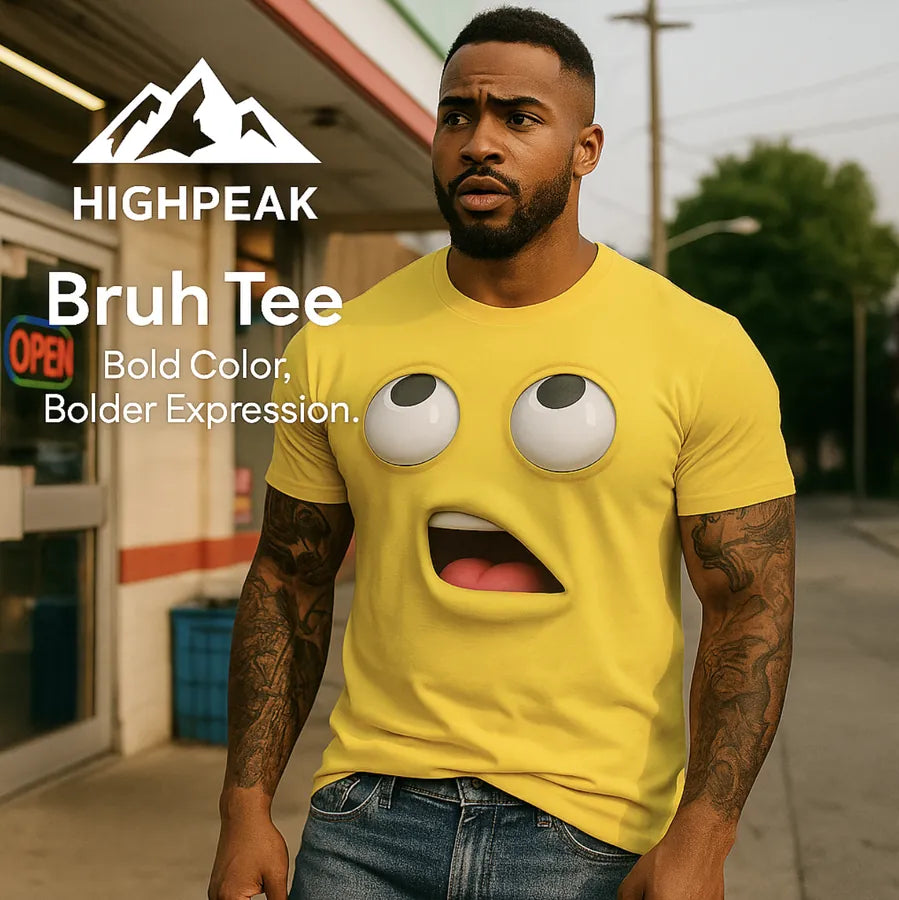 HighPeak Bruh Tee in bold yellow with expressive face design worn by man outdoors, casual and comfortable style