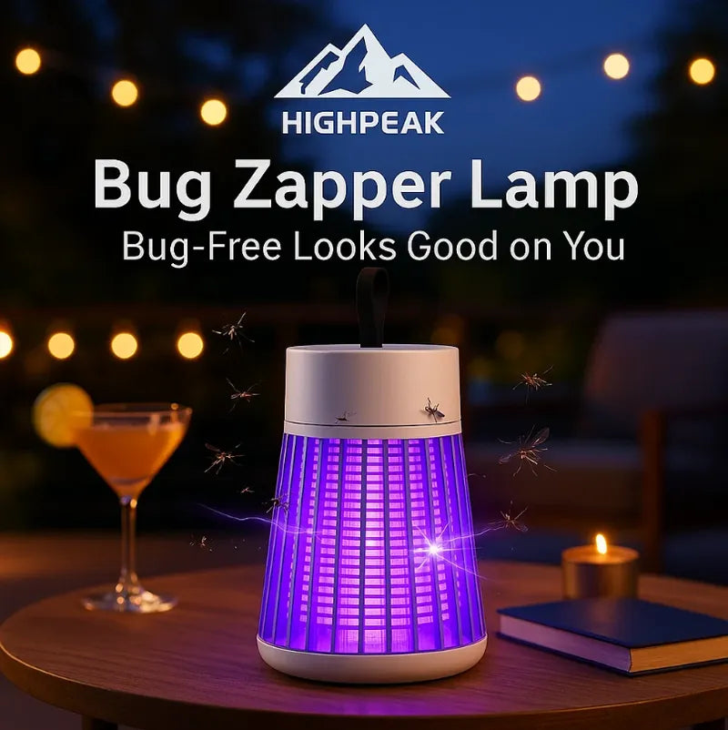 HighPeak Bug Zapper Lamp in white with purple UV light on outdoor table trapping insects silently at night