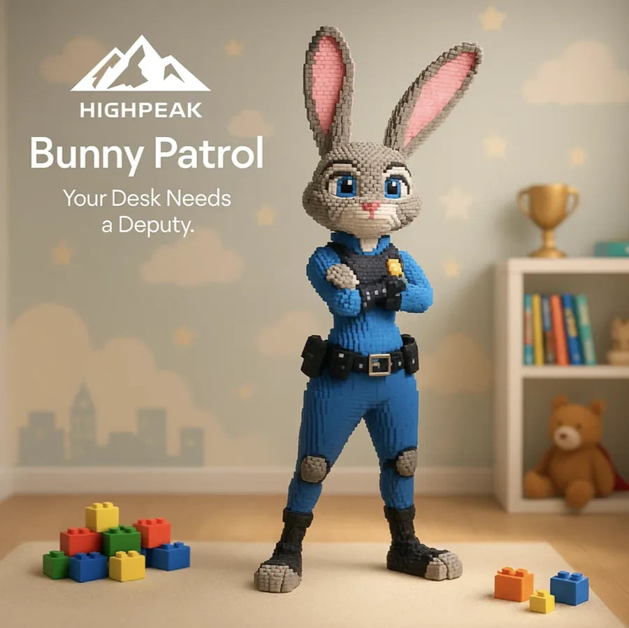 HighPeak Bunny Patrol™ 3D Building Blocks Set featuring a blue-uniformed bunny figure on a desk with colorful blocks.