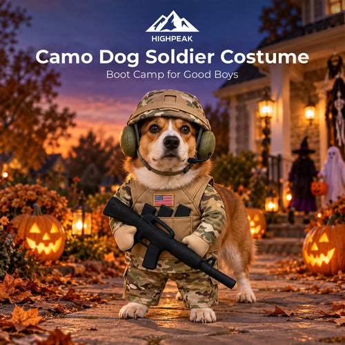 HighPeak Camo Dog Soldier Costume with a camouflage uniform, helmet and toy rifle, worn by a corgi on a porch.