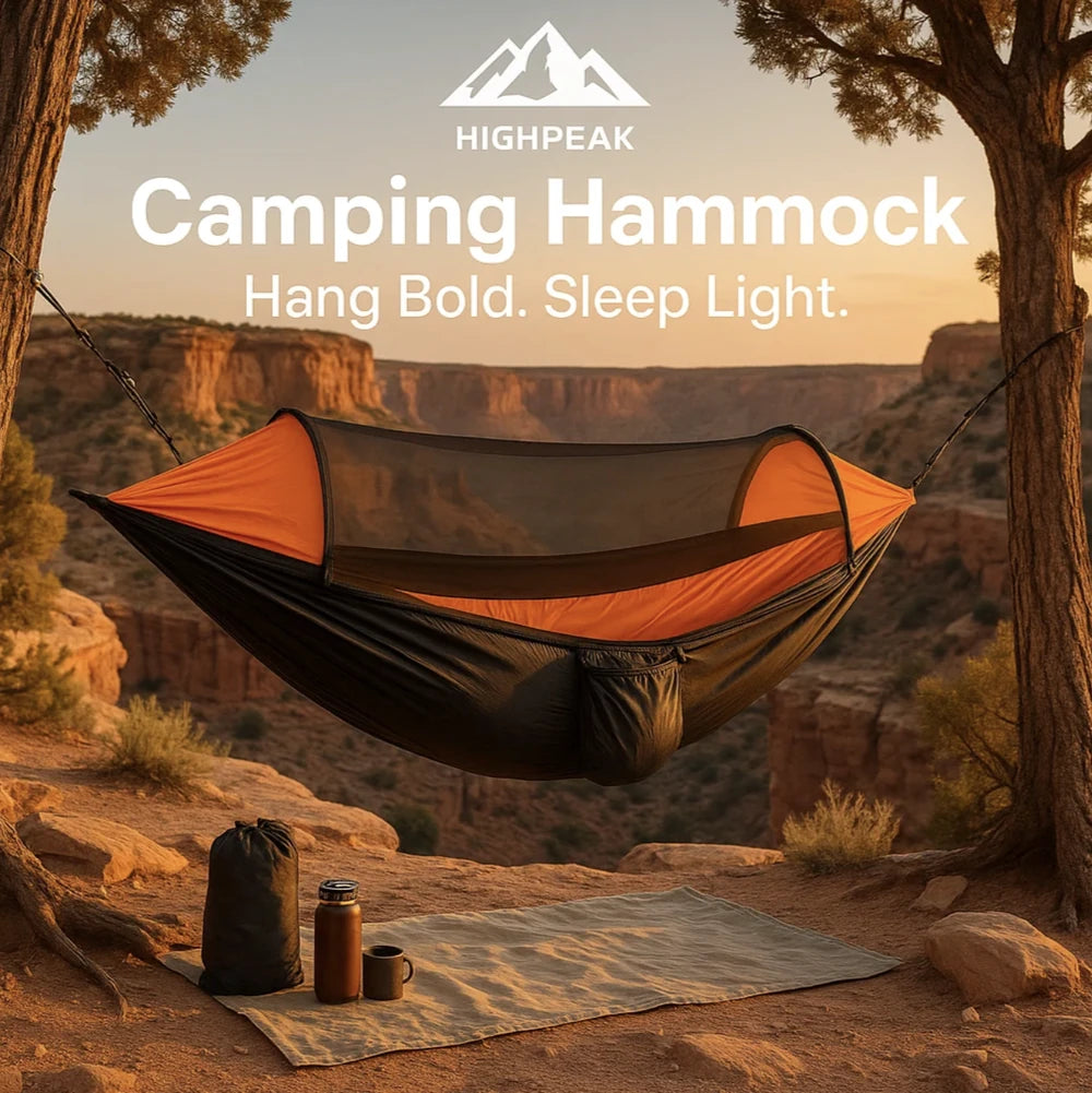 HighPeak Camping Hammock with Mosquito Net in black and orange hanging between trees at sunset canyon campsite